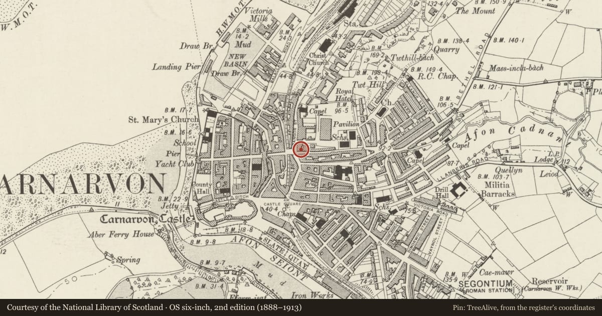 Ordnance Survey six-inch map, 2nd edition (1888–1913) covering the location of Rhydalun House, Caernarfon, Gwynedd, with a pin at the register's coordinates