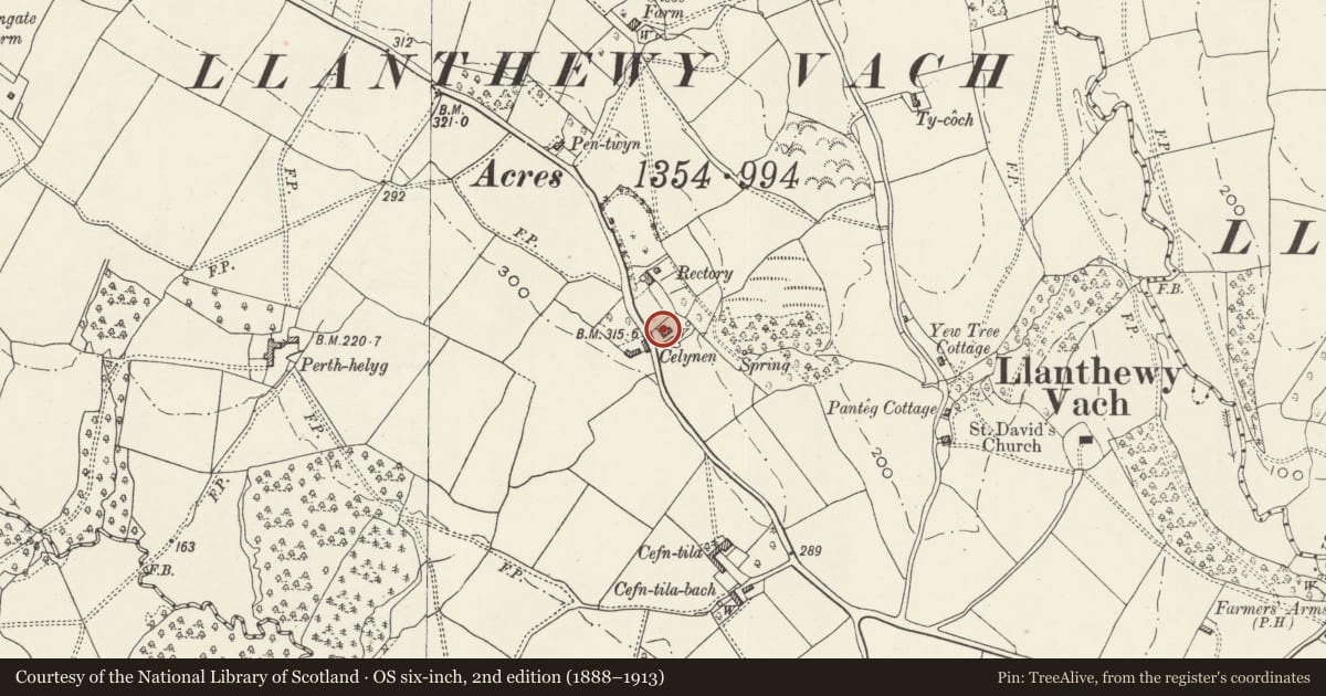 Ordnance Survey six-inch map, 2nd edition (1888–1913) covering the location of Celynen, Llangybi, Monmouthshire, with a pin at the register's coordinates