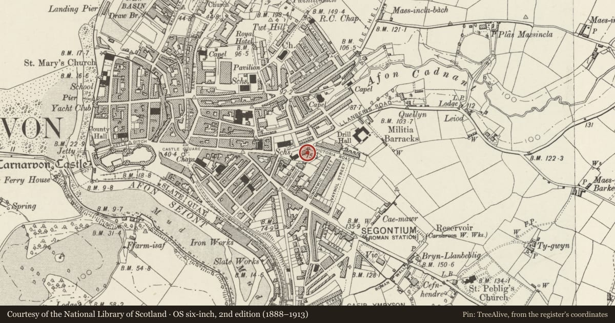 Ordnance Survey six-inch map, 2nd edition (1888–1913) covering the location of 8 Holywell Terrace, Caernarfon, Gwynedd, with a pin at the register's coordinates