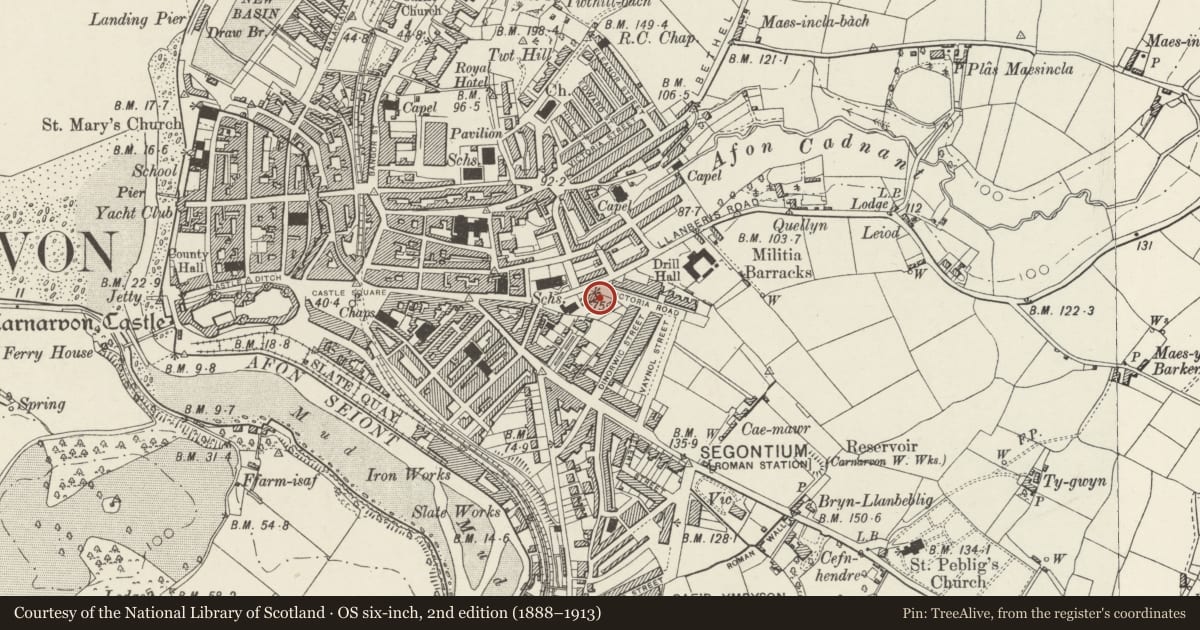 Ordnance Survey six-inch map, 2nd edition (1888–1913) covering the location of 12 Holywell Terrace, Caernarfon, Gwynedd, with a pin at the register's coordinates