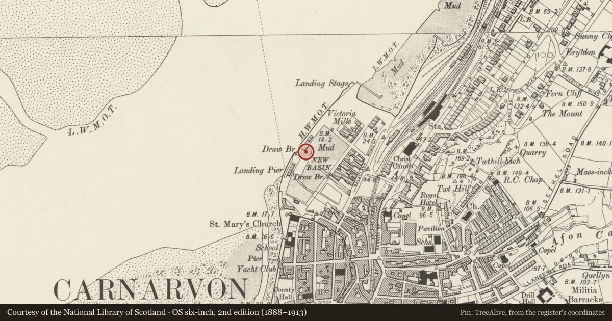 Ordnance Survey six-inch map, 2nd edition (1888–1913) covering the location of Victoria Dock walls, Caernarfon, Gwynedd, with a pin at the register's coordinates