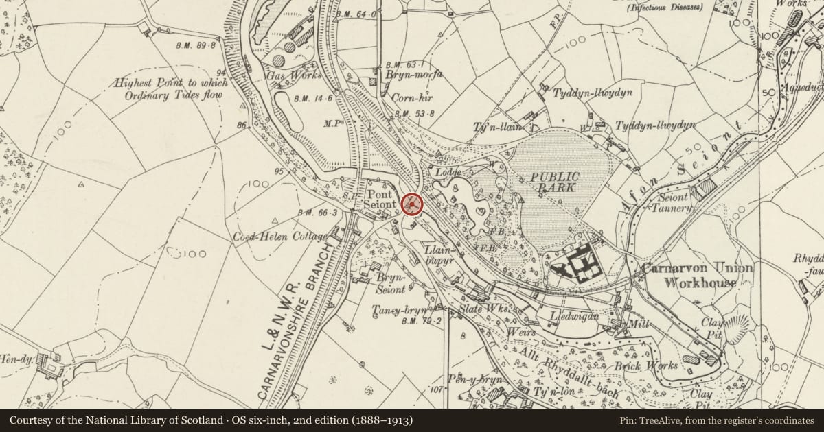 Ordnance Survey six-inch map, 2nd edition (1888–1913) covering the location of Pont Seiont, Caernarfon, Gwynedd, with a pin at the register's coordinates
