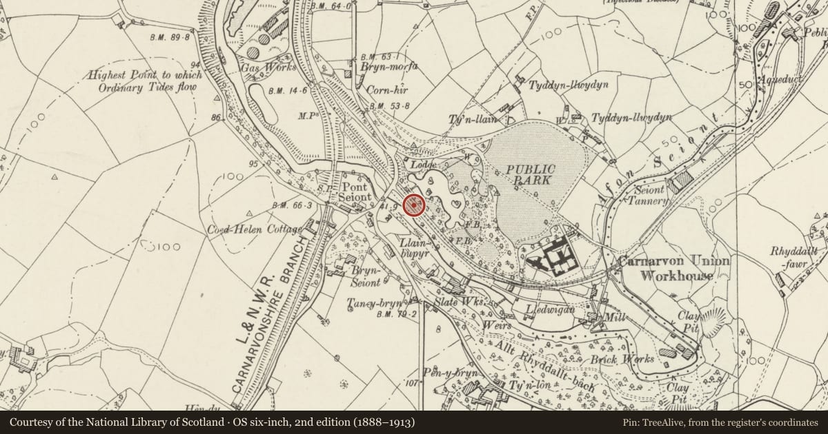 Ordnance Survey six-inch map, 2nd edition (1888–1913) covering the location of Seiont Mill Road bridge, Caernarfon, Gwynedd, with a pin at the register's coordinates