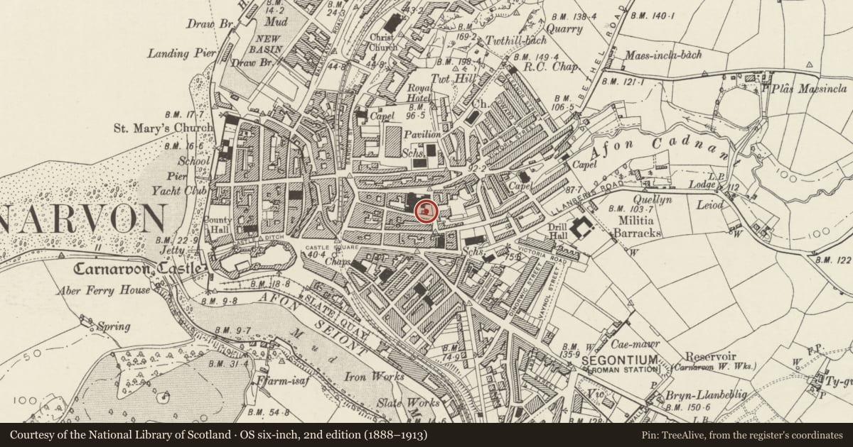 Ordnance Survey six-inch map, 2nd edition (1888–1913) covering the location of Schoolmaster's house at former British School, Caernarfon, Gwynedd, with a pin at the register's coordinates