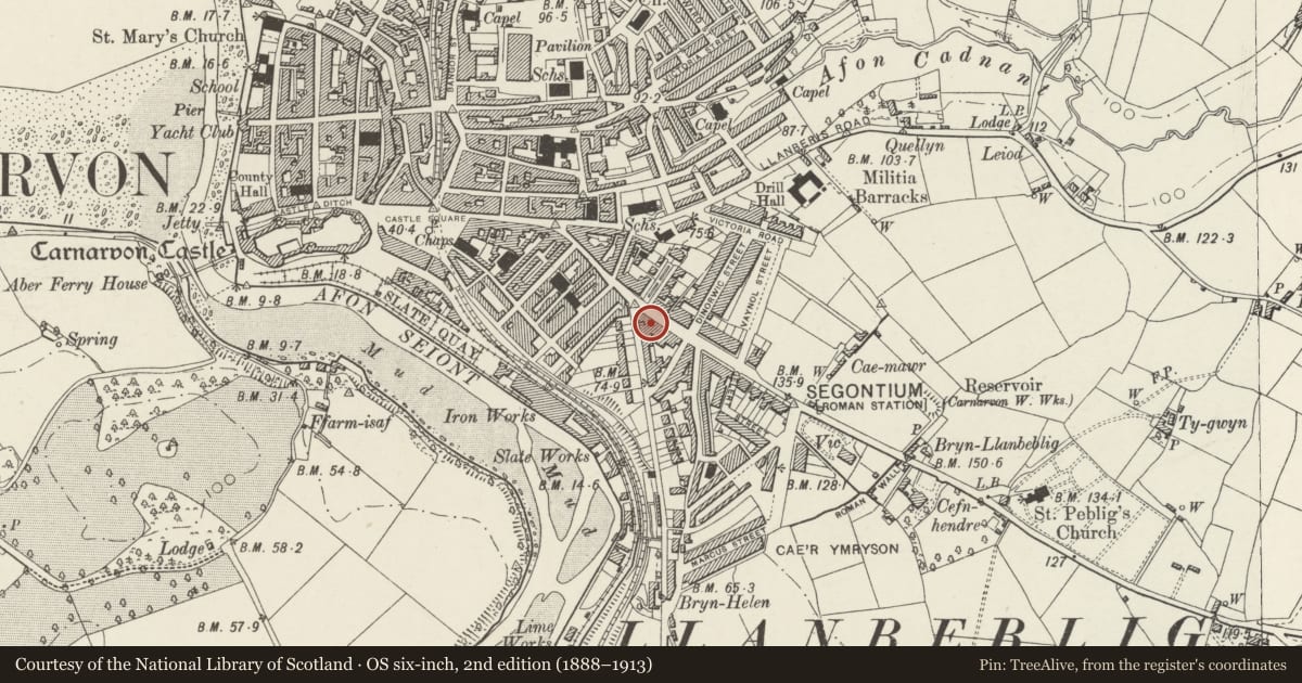 Ordnance Survey six-inch map, 2nd edition (1888–1913) covering the location of The Eagles Hotel, Caernarfon, Gwynedd, with a pin at the register's coordinates