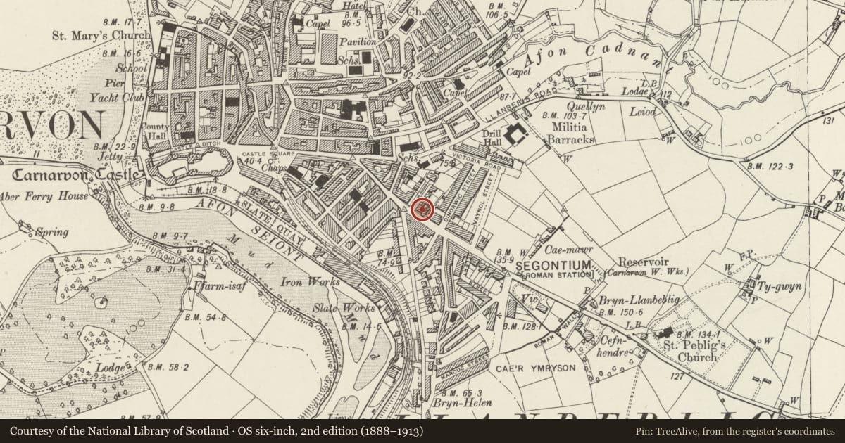 Ordnance Survey six-inch map, 2nd edition (1888–1913) covering the location of 1 Tithebarn Street, Caernarfon, Gwynedd, with a pin at the register's coordinates