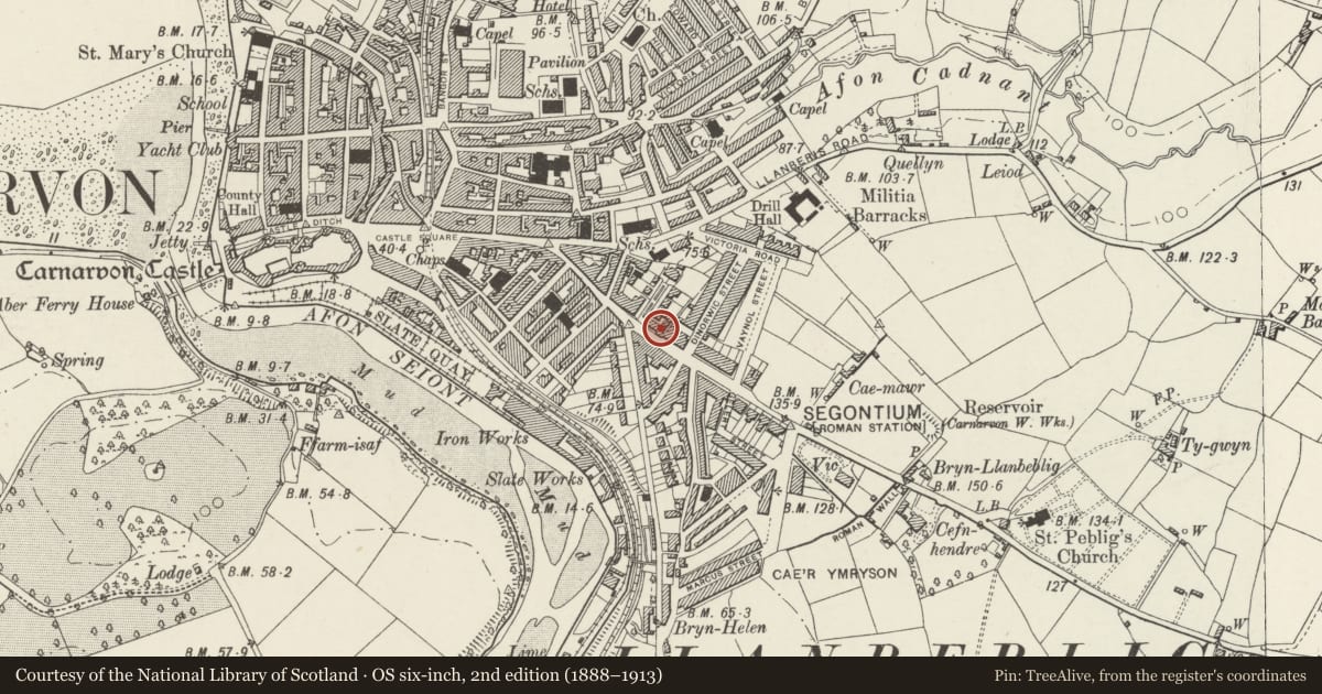 Ordnance Survey six-inch map, 2nd edition (1888–1913) covering the location of 3 Tithebarn Street, Caernarfon, Gwynedd, with a pin at the register's coordinates