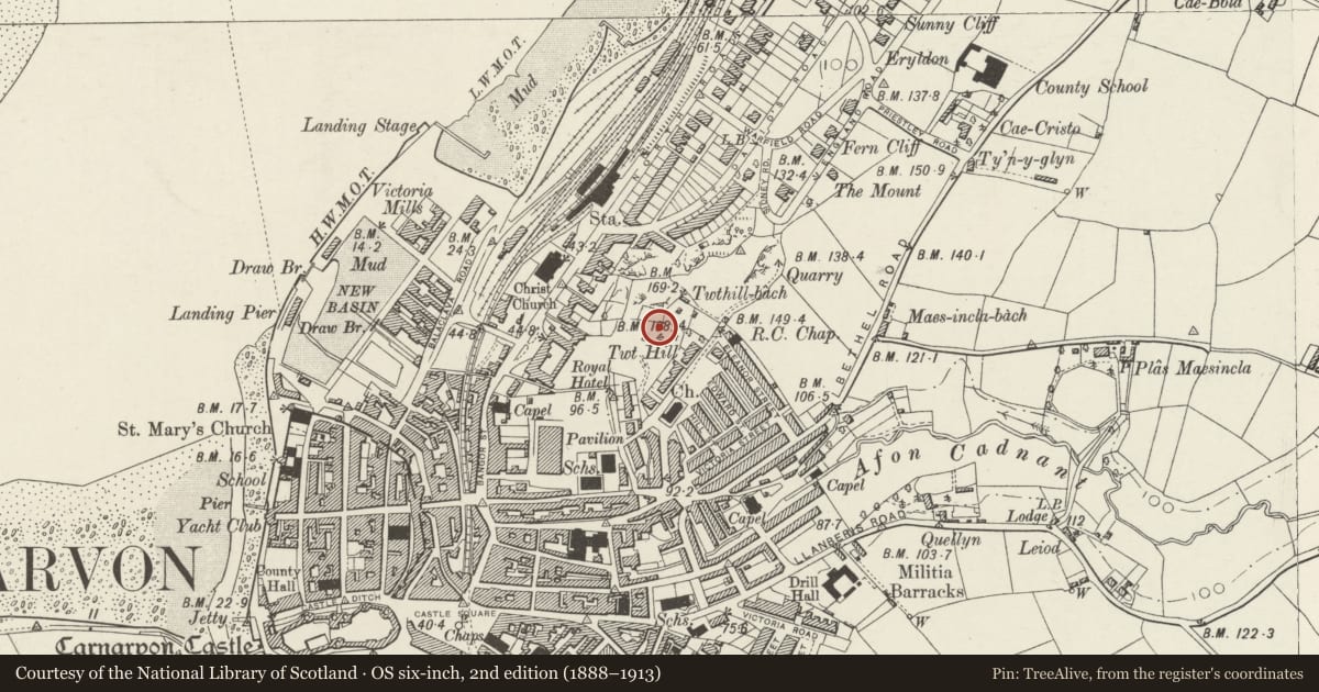 Ordnance Survey six-inch map, 2nd edition (1888–1913) covering the location of Boer War Memorial, Caernarfon, Gwynedd, with a pin at the register's coordinates