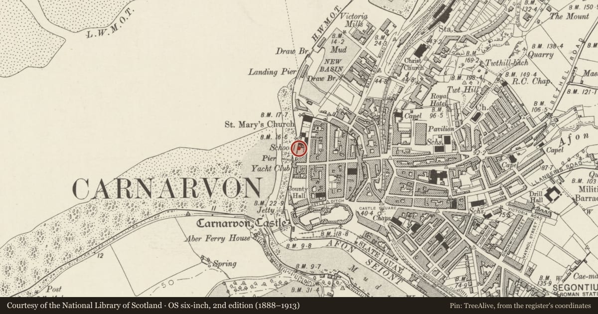 Ordnance Survey six-inch map, 2nd edition (1888–1913) covering the location of Promenade Wall, including steps and piers, Caernarfon, Gwynedd, with a pin at the register's coordinates