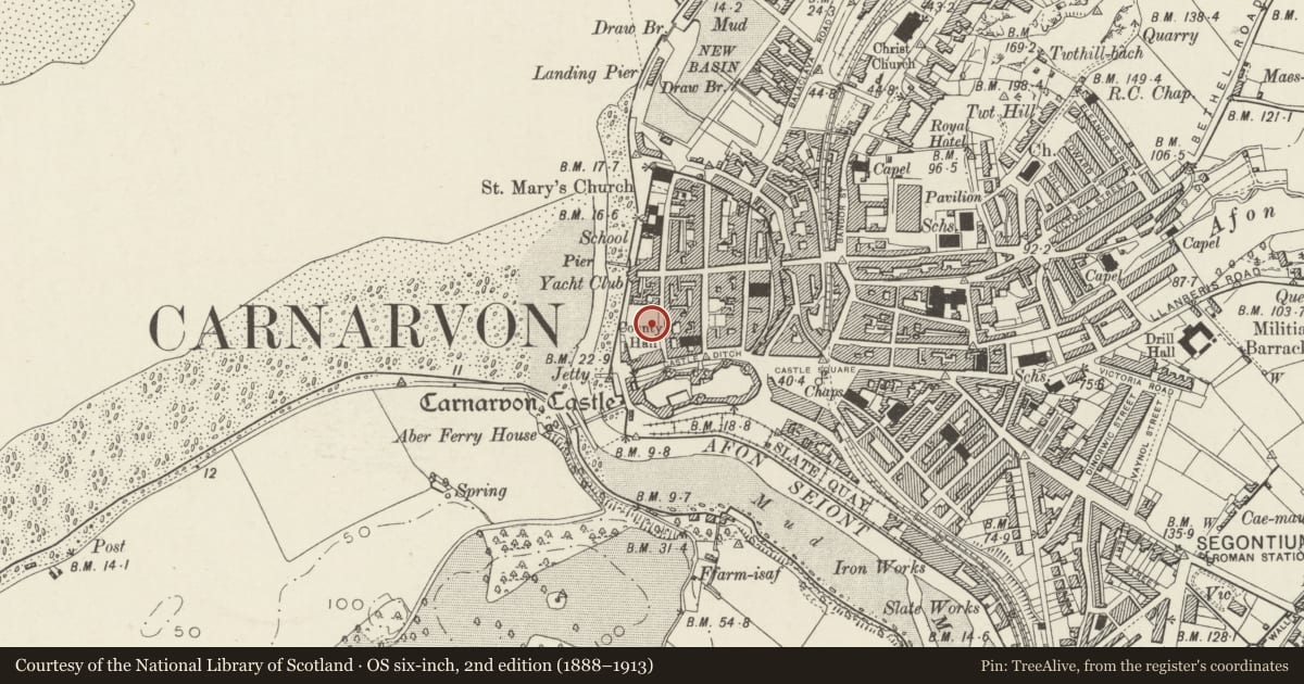 Ordnance Survey six-inch map, 2nd edition (1888–1913) covering the location of Swyddfa'r Cyngor, Caernarfon, Gwynedd, with a pin at the register's coordinates