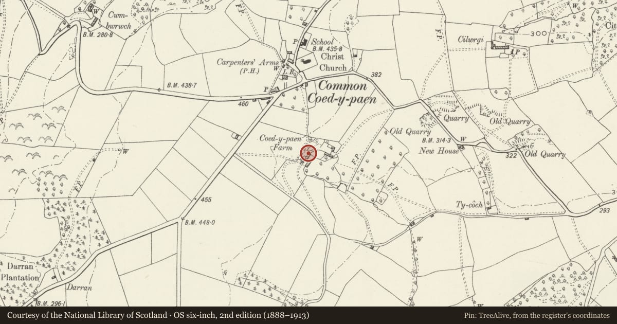 Ordnance Survey six-inch map, 2nd edition (1888–1913) covering the location of Coed-y-paen Farmhouse, Llangybi, Monmouthshire, with a pin at the register's coordinates
