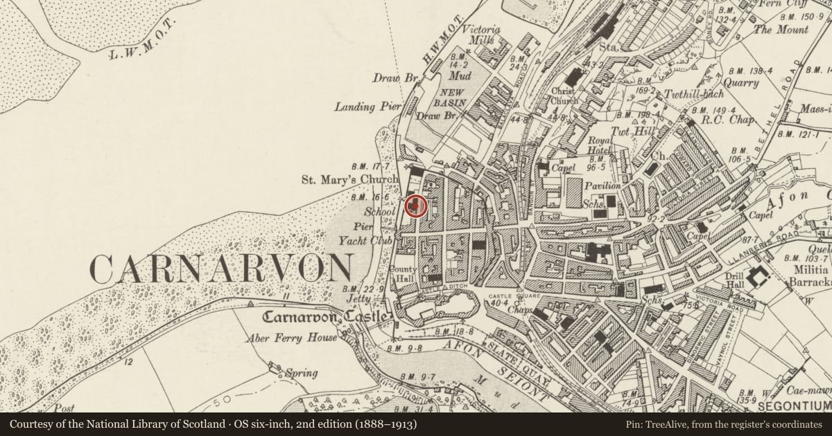 Ordnance Survey six-inch map, 2nd edition (1888–1913) covering the location of Isfryn, Caernarfon, Gwynedd, with a pin at the register's coordinates