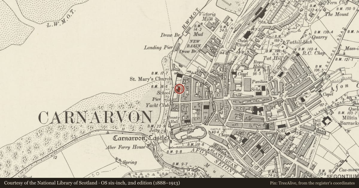 Ordnance Survey six-inch map, 2nd edition (1888–1913) covering the location of Victoria House, Caernarfon, Gwynedd, with a pin at the register's coordinates