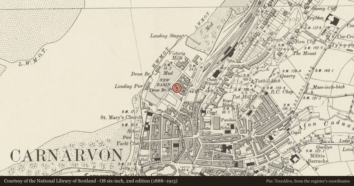 Ordnance Survey six-inch map, 2nd edition (1888–1913) covering the location of Former warehouse at Victoria Dock, Caernarfon, Gwynedd, with a pin at the register's coordinates