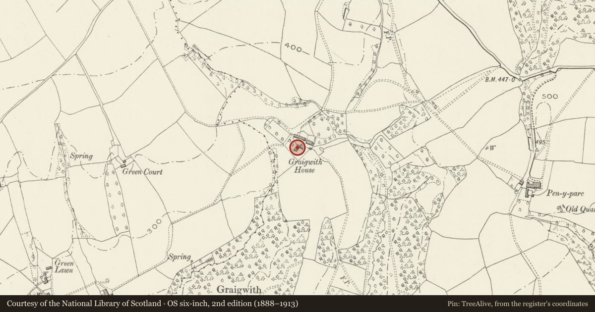 Ordnance Survey six-inch map, 2nd edition (1888–1913) covering the location of Craigwith House, Llangybi, Monmouthshire, with a pin at the register's coordinates