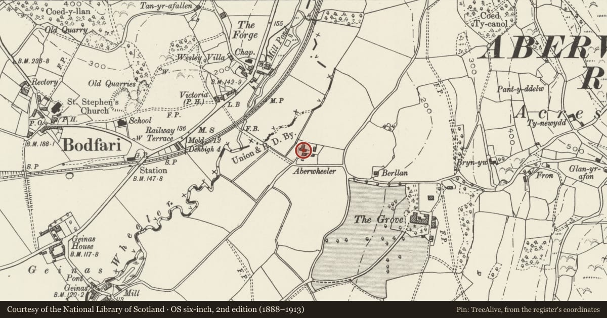 Ordnance Survey six-inch map, 2nd edition (1888–1913) covering the location of Barn at Aberwheeler House, Denbighshire, with a pin at the register's coordinates