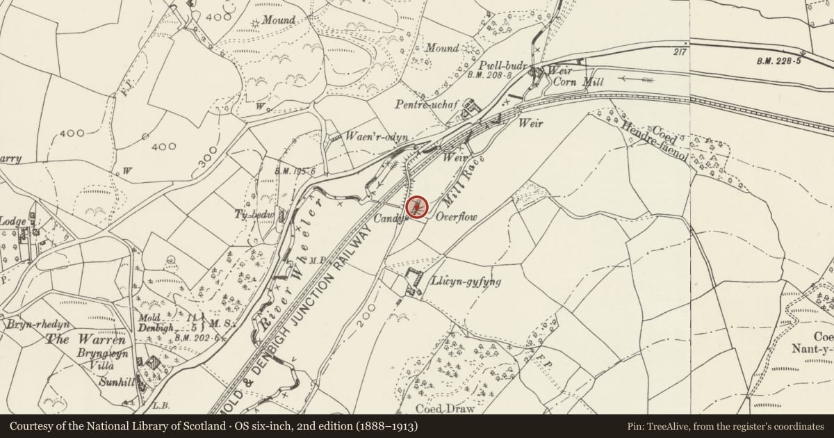 Ordnance Survey six-inch map, 2nd edition (1888–1913) covering the location of Candy Mill with Miller's Cottage and Leat, Aberwheeler, Denbighshire, with a pin at the register's coordinates