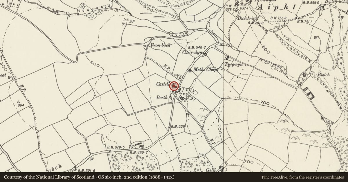 Ordnance Survey six-inch map, 2nd edition (1888–1913) covering the location of Castell Bach, Aberwheeler, Denbighshire, with a pin at the register's coordinates