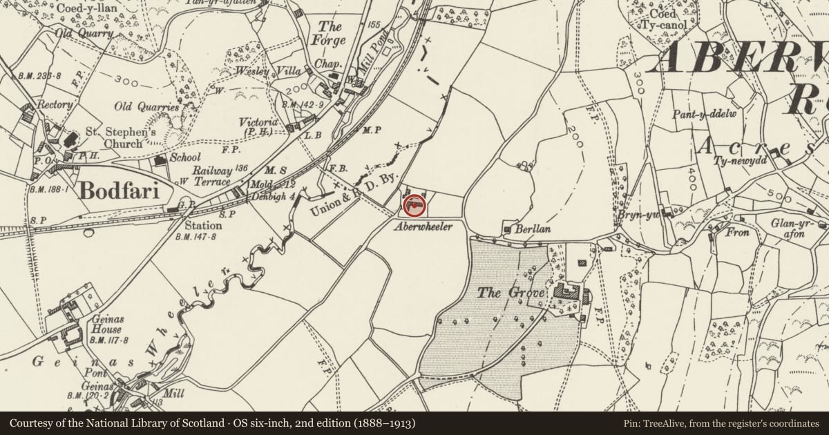 Ordnance Survey six-inch map, 2nd edition (1888–1913) covering the location of Bee-boles at Aberwheeler House, Denbighshire, with a pin at the register's coordinates
