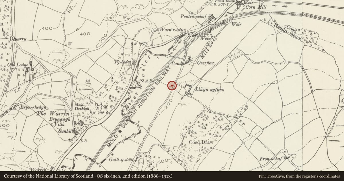 Ordnance Survey six-inch map, 2nd edition (1888–1913) covering the location of Bakehouse and Pigsties at Candy Mill, Aberwheeler, Denbighshire, with a pin at the register's coordinates