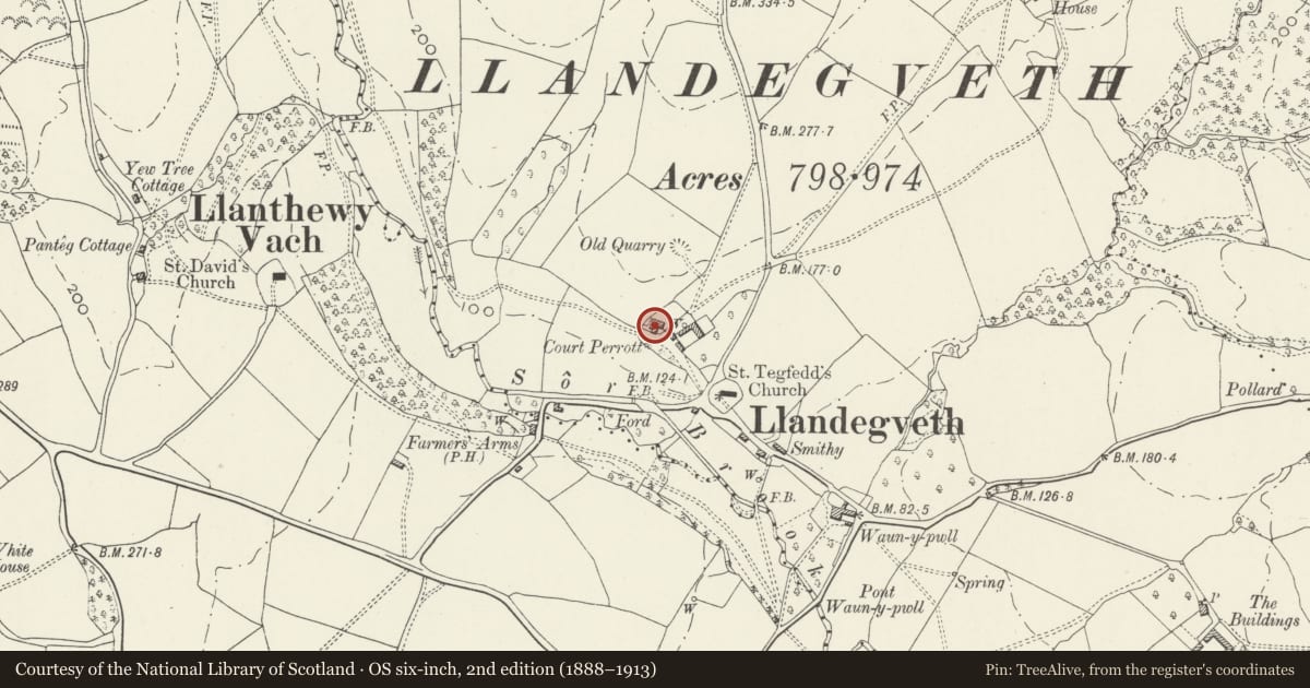 Ordnance Survey six-inch map, 2nd edition (1888–1913) covering the location of Court Perrot Farmhouse, Llangybi, Monmouthshire, with a pin at the register's coordinates