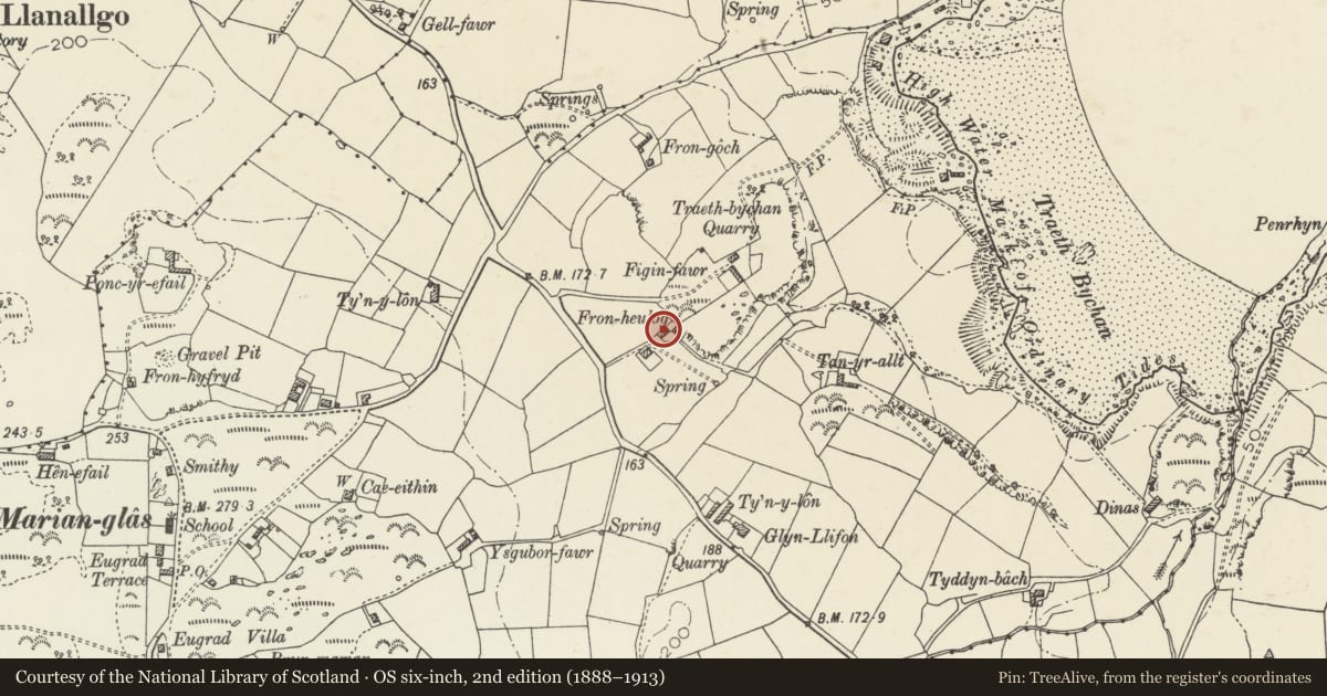 Ordnance Survey six-inch map, 2nd edition (1888–1913) covering the location of Cottage at Fron Heulog, Llaneugrad, Isle of Anglesey, with a pin at the register's coordinates