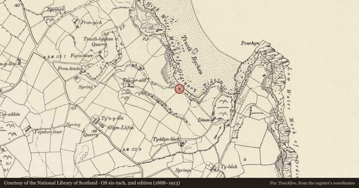 Ordnance Survey six-inch map, 2nd edition (1888–1913) covering the location of Lime kiln, Llaneugrad, Isle of Anglesey, with a pin at the register's coordinates