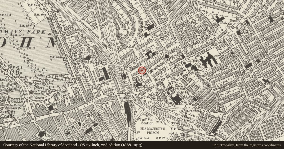 Ordnance Survey six-inch map, 2nd edition (1888–1913) covering the location of North Building (former Dept. of Preventative Medicine and Dept. of Mining), Queen's Buildings, Roath, Cardiff, with a pin at the register's coordinates