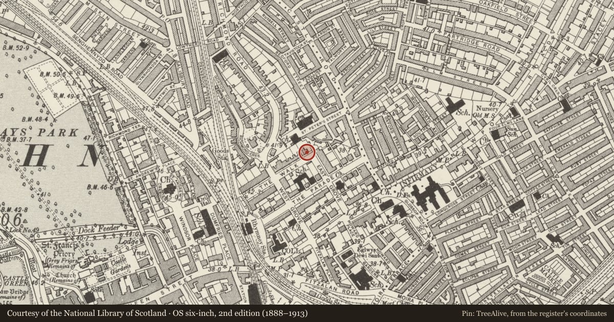 Ordnance Survey six-inch map, 2nd edition (1888–1913) covering the location of The Old Convent, Roath, Cardiff, with a pin at the register's coordinates