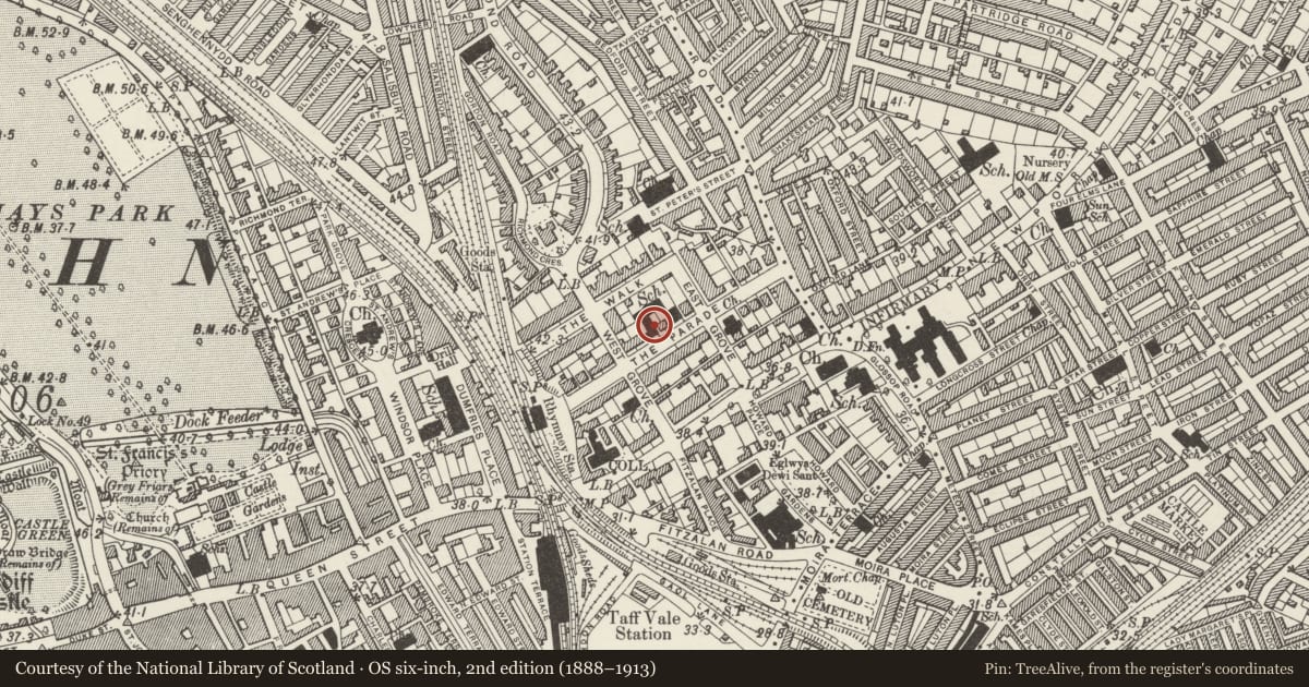Ordnance Survey six-inch map, 2nd edition (1888–1913) covering the location of Coleg Glan Hafren, Roath, Cardiff, with a pin at the register's coordinates
