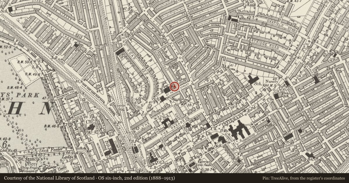 Ordnance Survey six-inch map, 2nd edition (1888–1913) covering the location of Presbytery at Catholic Church of St Peter including forecourt railings, Roath, Cardiff, with a pin at the register's coordinates