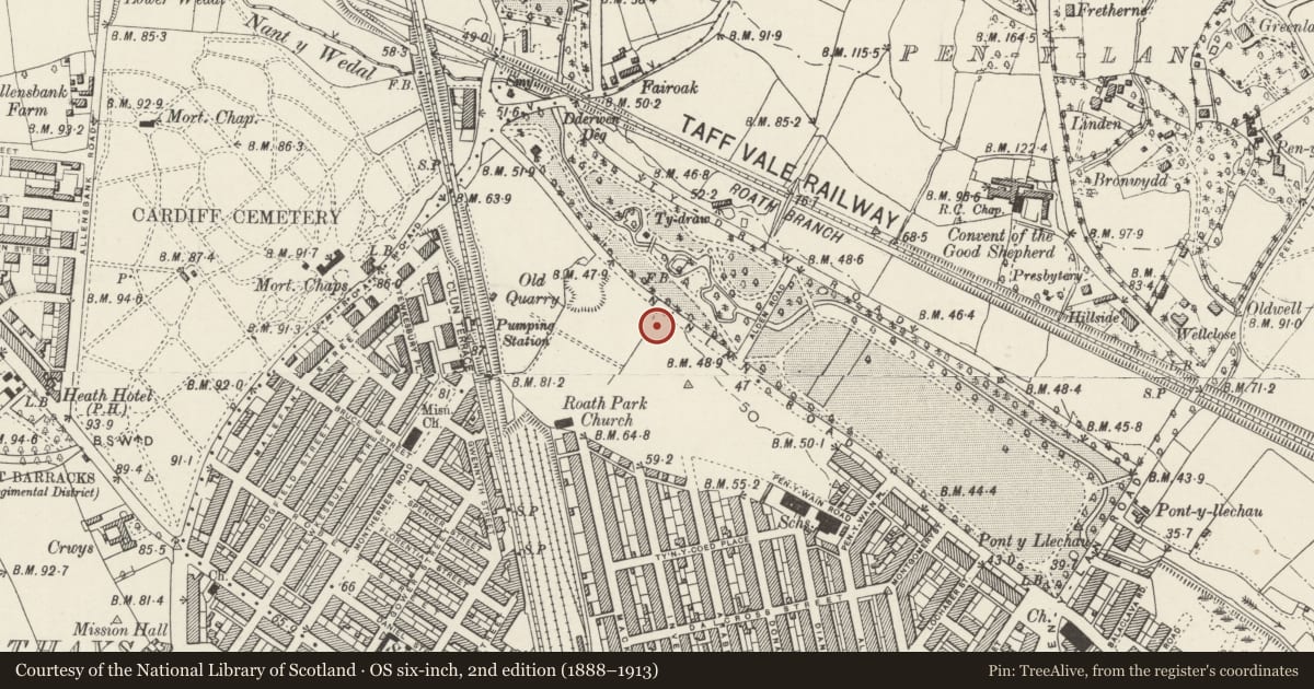 Ordnance Survey six-inch map, 2nd edition (1888–1913) covering the location of 79 Ninian Road, Roath, Cardiff, with a pin at the register's coordinates
