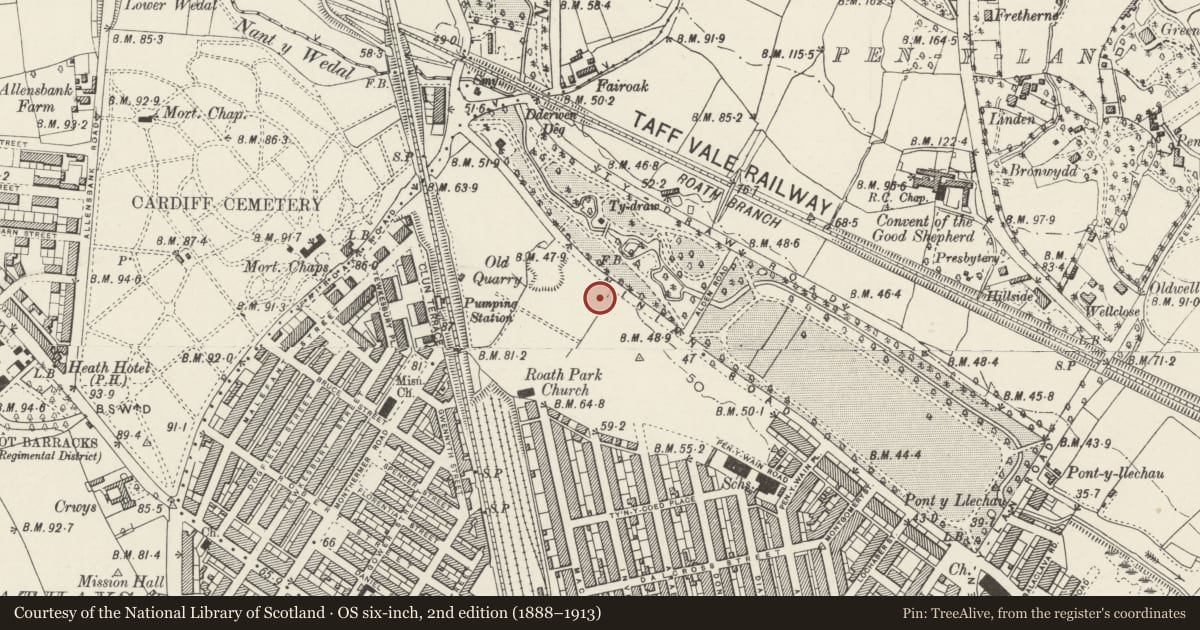 Ordnance Survey six-inch map, 2nd edition (1888–1913) covering the location of 81A Ninian Road, Roath, Cardiff, with a pin at the register's coordinates