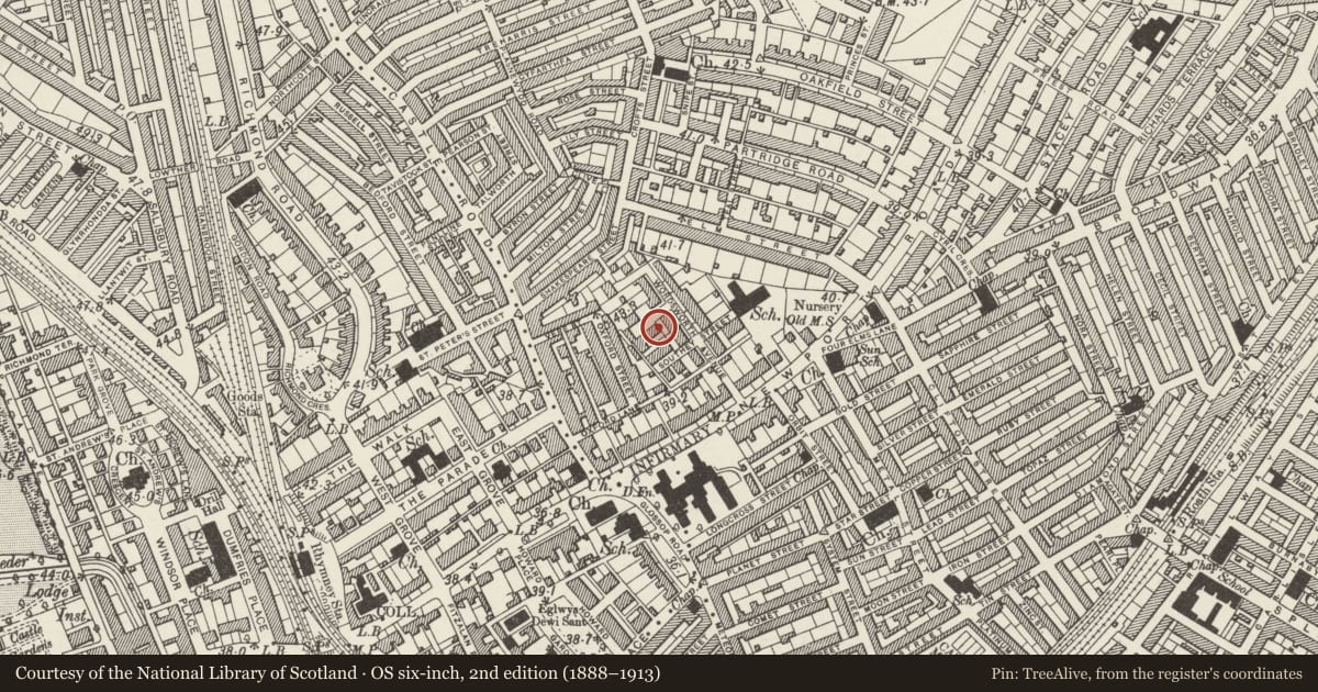 Ordnance Survey six-inch map, 2nd edition (1888–1913) covering the location of 1 Woodland Place, Roath, Cardiff, with a pin at the register's coordinates