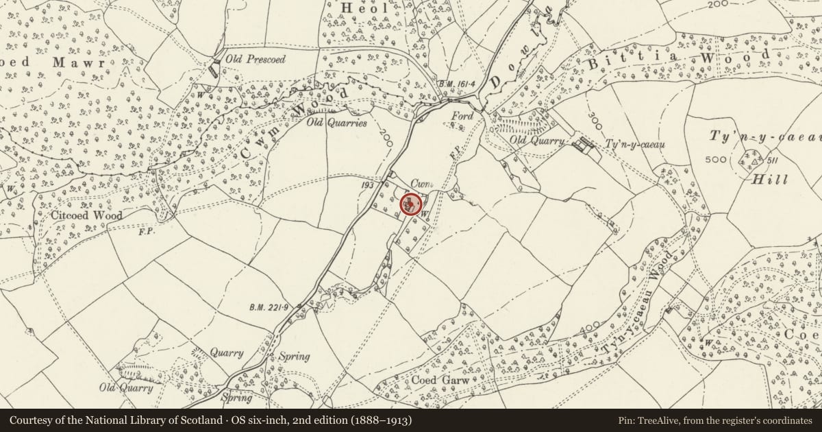 Ordnance Survey six-inch map, 2nd edition (1888–1913) covering the location of Cwm Farmhouse, Llangybi, Monmouthshire, with a pin at the register's coordinates