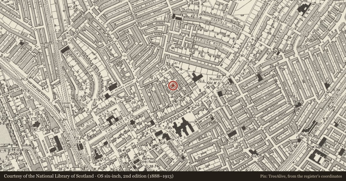Ordnance Survey six-inch map, 2nd edition (1888–1913) covering the location of 2 Woodland Place, Roath, Cardiff, with a pin at the register's coordinates