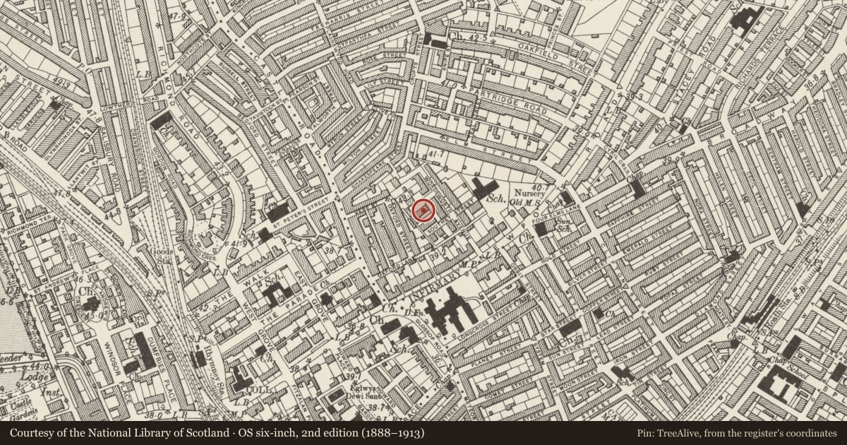 Ordnance Survey six-inch map, 2nd edition (1888–1913) covering the location of 3 Woodland Place, Roath, Cardiff, with a pin at the register's coordinates