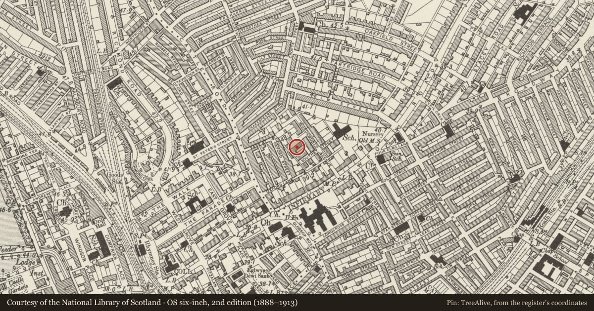 Ordnance Survey six-inch map, 2nd edition (1888–1913) covering the location of 4 Woodland Place, Roath, Cardiff, with a pin at the register's coordinates
