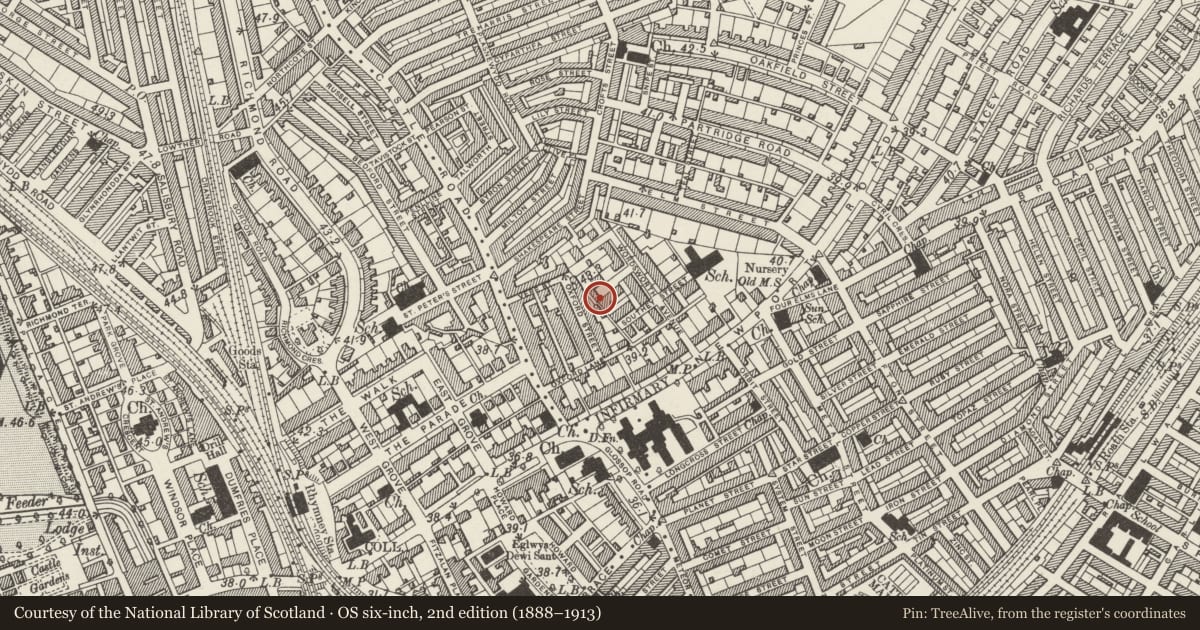Ordnance Survey six-inch map, 2nd edition (1888–1913) covering the location of 6 Woodland Place, Roath, Cardiff, with a pin at the register's coordinates