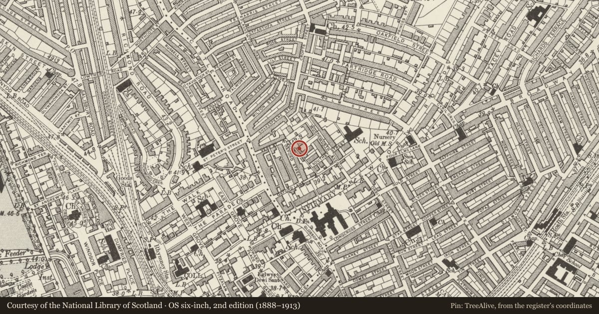 Ordnance Survey six-inch map, 2nd edition (1888–1913) covering the location of 7 Woodland Place, Roath, Cardiff, with a pin at the register's coordinates