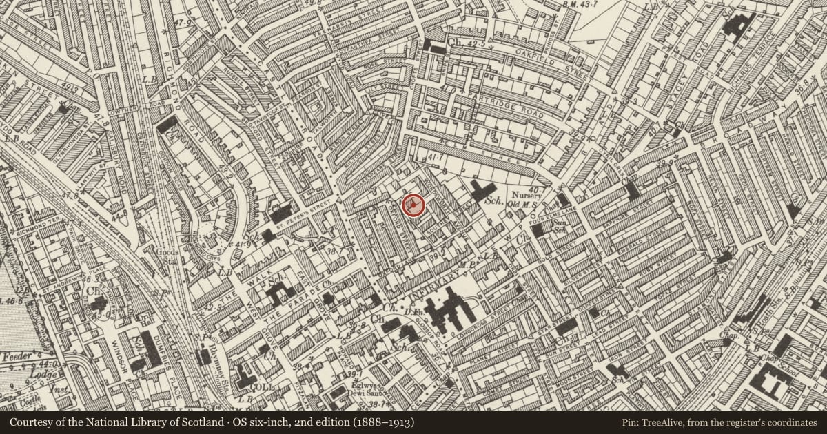 Ordnance Survey six-inch map, 2nd edition (1888–1913) covering the location of 9 Woodland Place, Roath, Cardiff, with a pin at the register's coordinates
