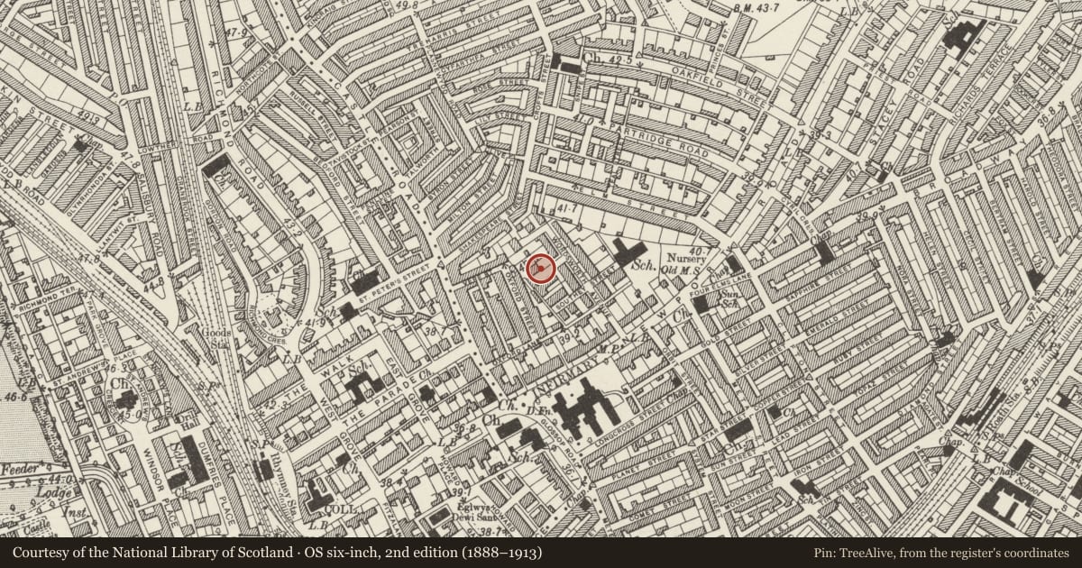 Ordnance Survey six-inch map, 2nd edition (1888–1913) covering the location of 10 Woodland Place, Roath, Cardiff, with a pin at the register's coordinates
