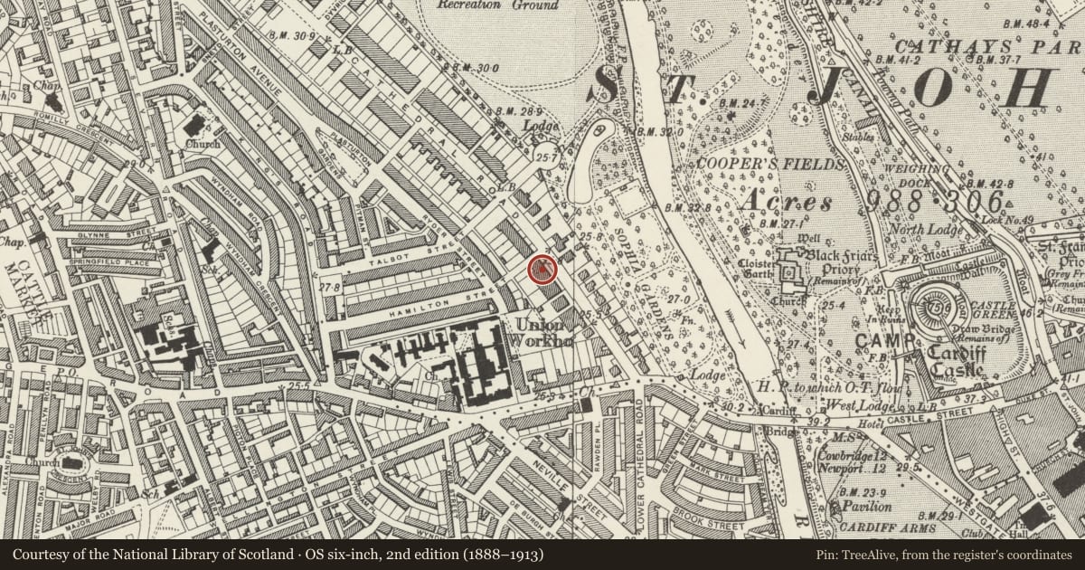 Ordnance Survey six-inch map, 2nd edition (1888–1913) covering the location of 27 Cathedral Road, Pontcanna, Cardiff, with a pin at the register's coordinates