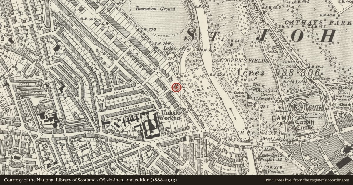 Ordnance Survey six-inch map, 2nd edition (1888–1913) covering the location of 22 Cathedral Road, Pontcanna, Cardiff, with a pin at the register's coordinates