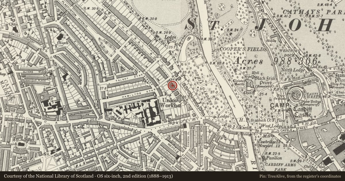 Ordnance Survey six-inch map, 2nd edition (1888–1913) covering the location of 23 Cathedral Road, Pontcanna, Cardiff, with a pin at the register's coordinates