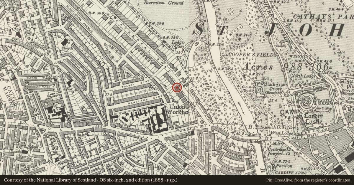 Ordnance Survey six-inch map, 2nd edition (1888–1913) covering the location of 29 Cathedral Road, Pontcanna, Cardiff, with a pin at the register's coordinates