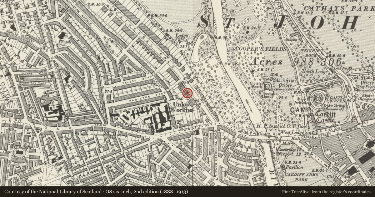Ordnance Survey six-inch map, 2nd edition (1888–1913) covering the location of 15 Cathedral Road, Pontcanna, Cardiff, with a pin at the register's coordinates