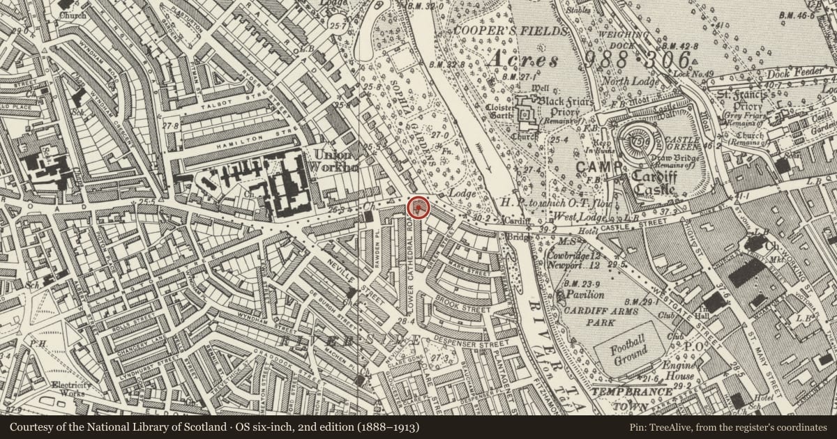 Ordnance Survey six-inch map, 2nd edition (1888–1913) covering the location of The Westgate PH, Riverside, Cardiff, with a pin at the register's coordinates