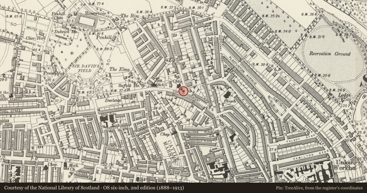 Ordnance Survey six-inch map, 2nd edition (1888–1913) covering the location of Gates and Gatepiers of Conway Road Methodist Church, Pontcanna, Cardiff, with a pin at the register's coordinates