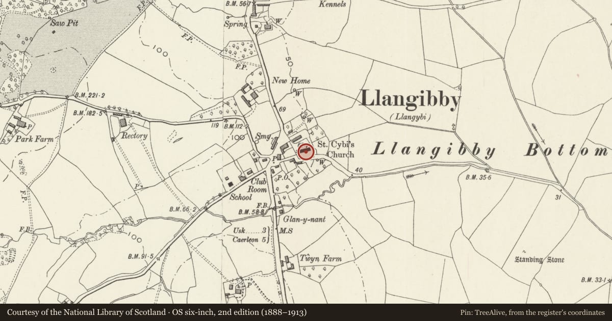 Ordnance Survey six-inch map, 2nd edition (1888–1913) covering the location of Church of St Cybi, Llangybi, Monmouthshire, with a pin at the register's coordinates